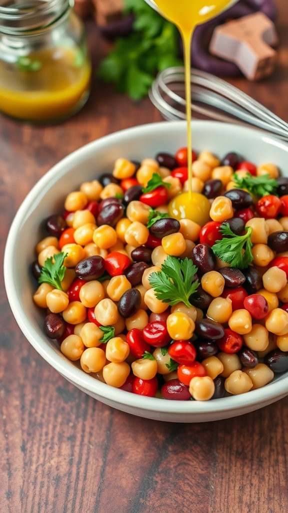 A colorful three-bean salad with kidney beans, black beans, and chickpeas, topped with a zesty dressing and garnished with parsley.